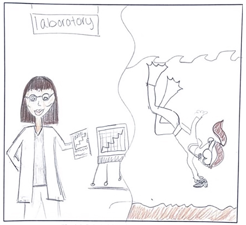 Student drawing of an earth scientist in a laboratory beside a figure diving into ocean waves